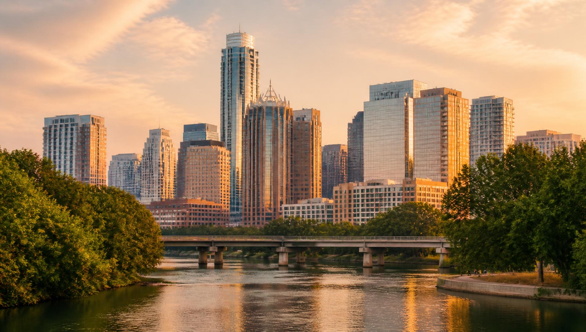 Austin, Texas skyline at sunset over Lady Bird Lake
